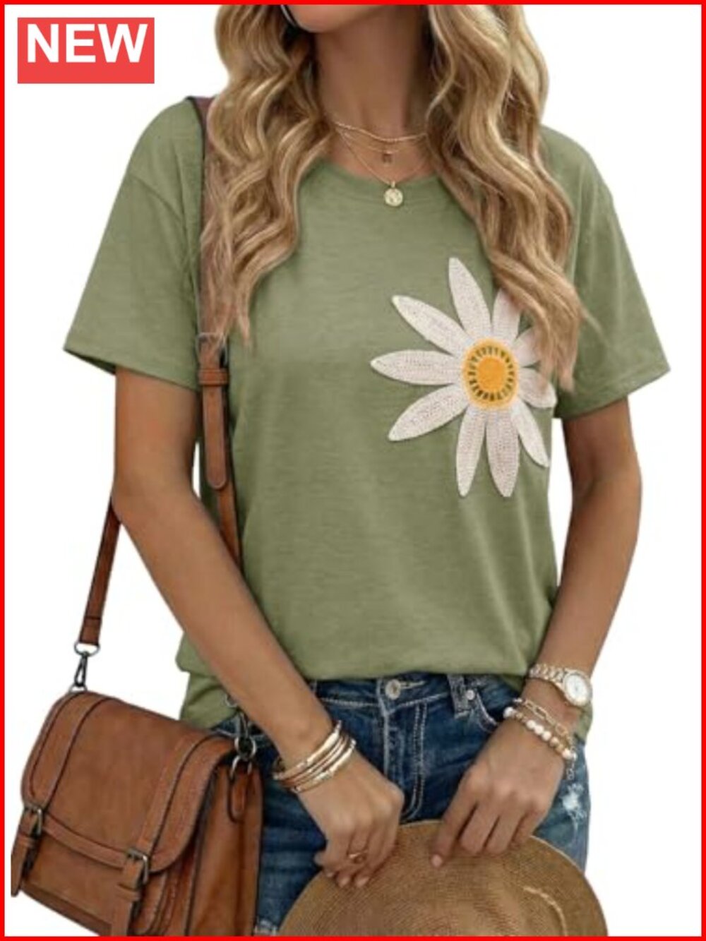 Womens Floral Embroidery Short Sleeve Crewneck Tee
